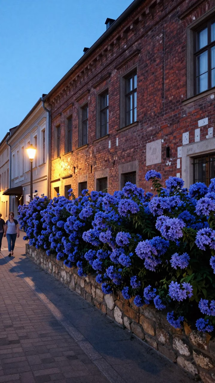 Twilight Street Scene in Krakow Poland with Plumbago Hedge and Traditional Architecture in in Krakow, Poland