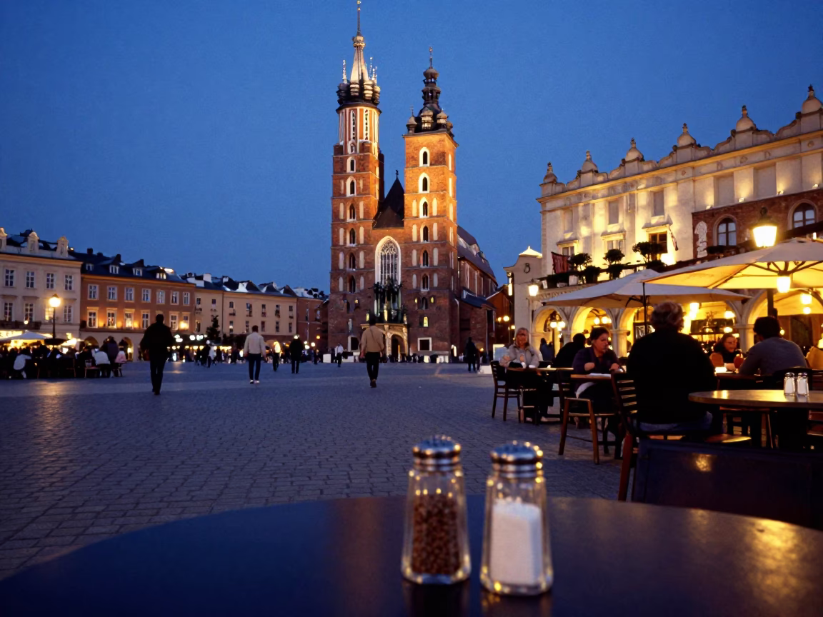 Twilight Street Scene in Krakow Poland with Salt Shaker on Cafe Table in in Krakow, Poland