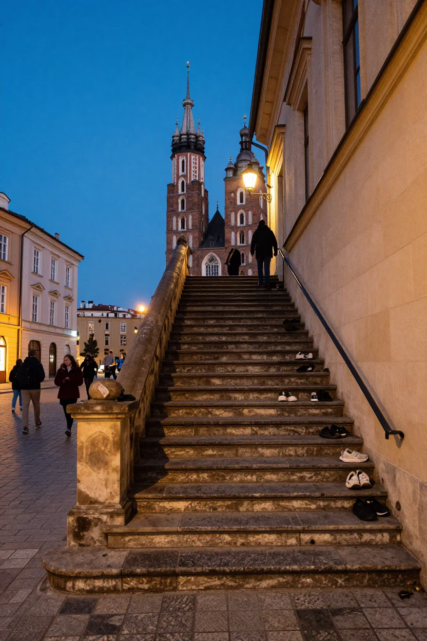 Twilight Street Scene in Krakow Poland with School Staircase and Local Pedestrians in in Krakow, Poland