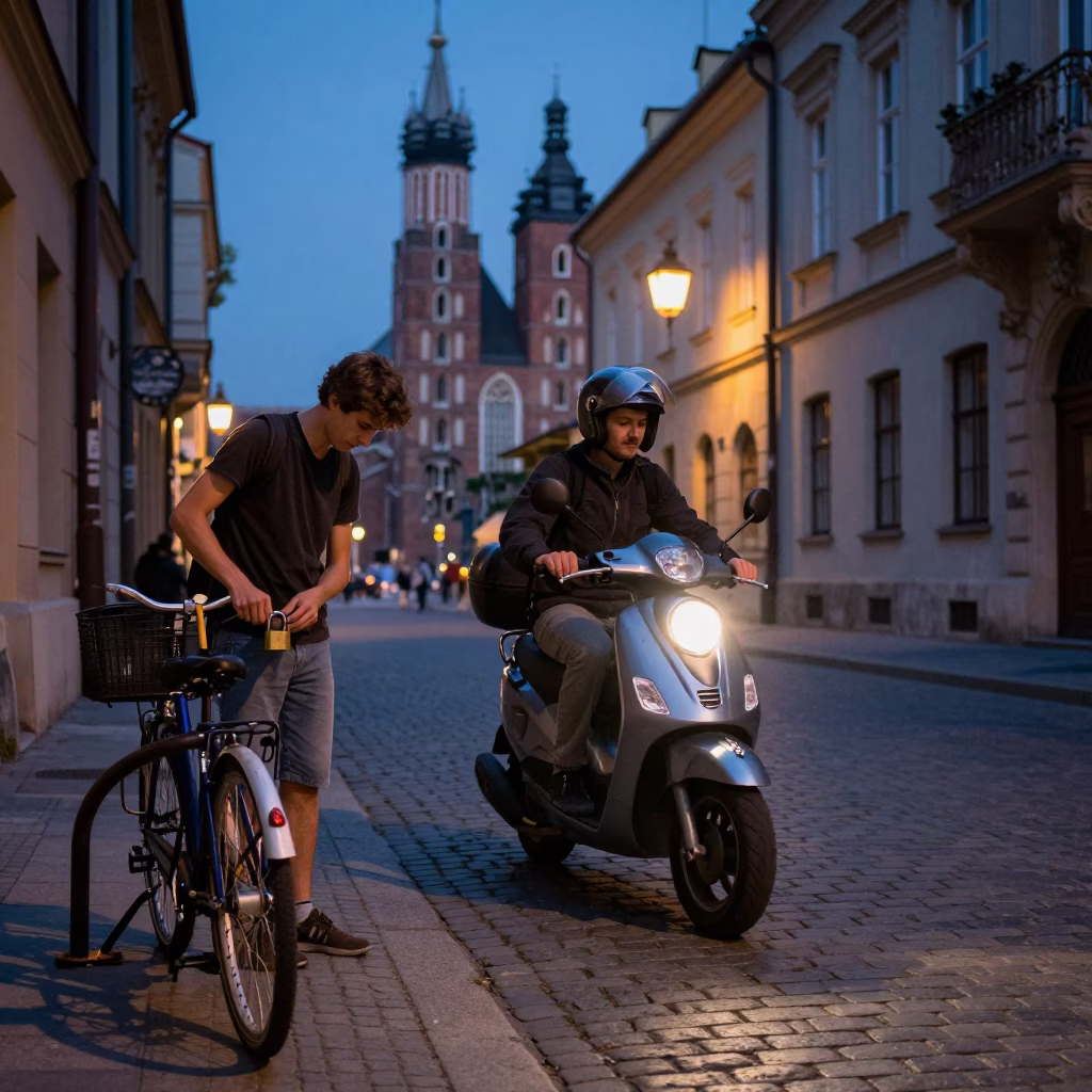 Twilight Street Scene in Krakow Poland with Scooter and Urban Details in in Krakow, Poland