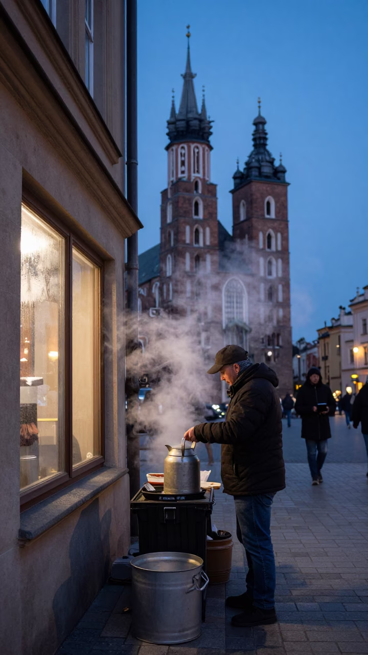 Twilight Street Scene in Krakow Poland with Steam Haze and Condensation in in Krakow, Poland