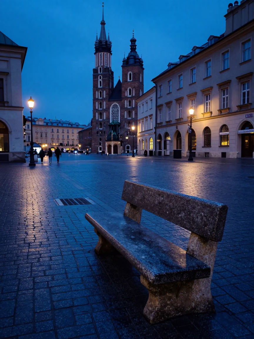 Twilight street scene in Krakow Poland with stone bench and urban life in in Krakow, Poland