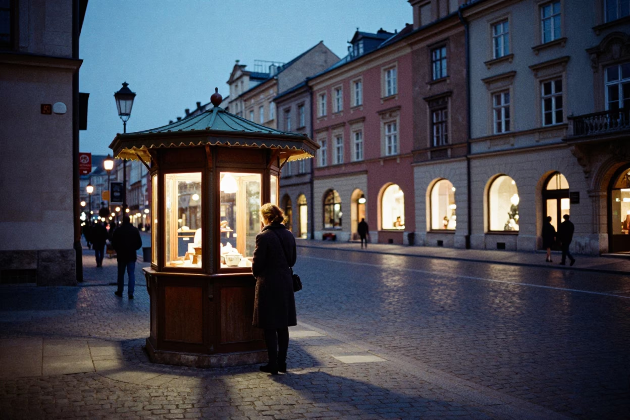 Twilight Street Scene in Krakow Poland with Tea Canister and Urban Life in in Krakow, Poland