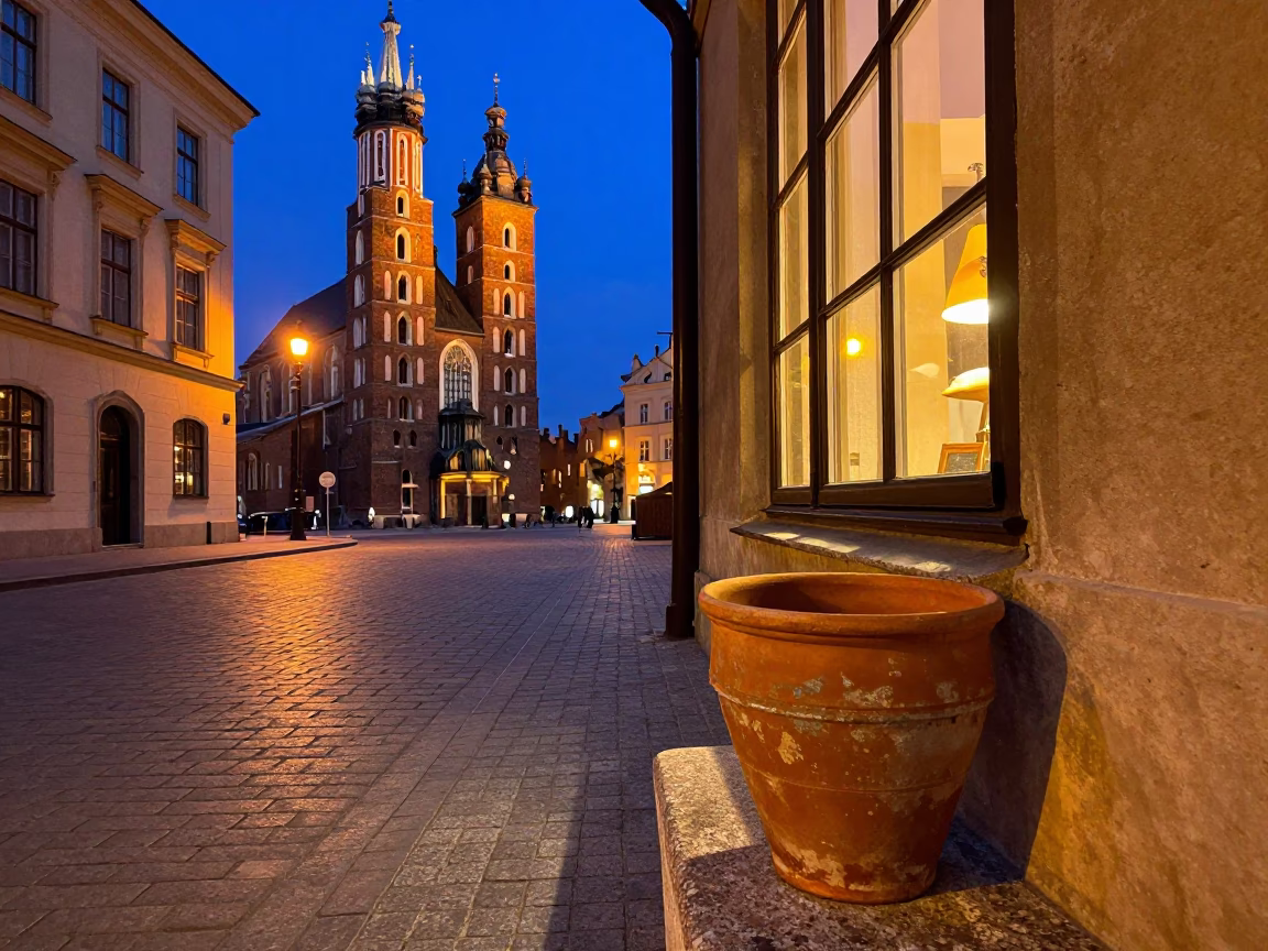 Twilight Street Scene in Krakow Poland with Terracotta Pot and Orange Fruit in in Krakow, Poland