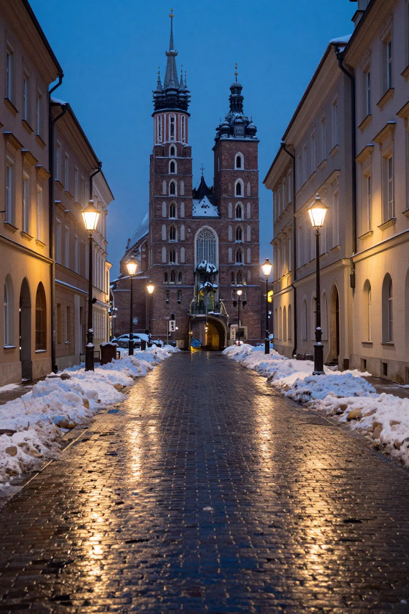 Twilight Street Scene in Krakow Poland with Tunnel Portal and Snow in in Krakow, Poland
