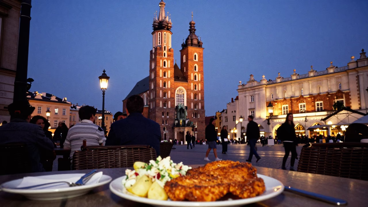 Twilight Street Scene in Krakow Poland with Vintage 1990s Aesthetic and Local Dining Details in in Krakow, Poland