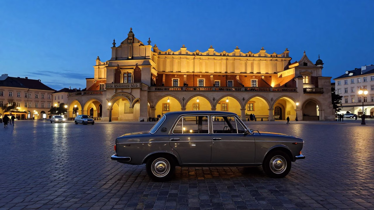 Twilight Street Scene in Krakow Poland with Vintage Sedan and Cobblestone Market Square in in Krakow, Poland