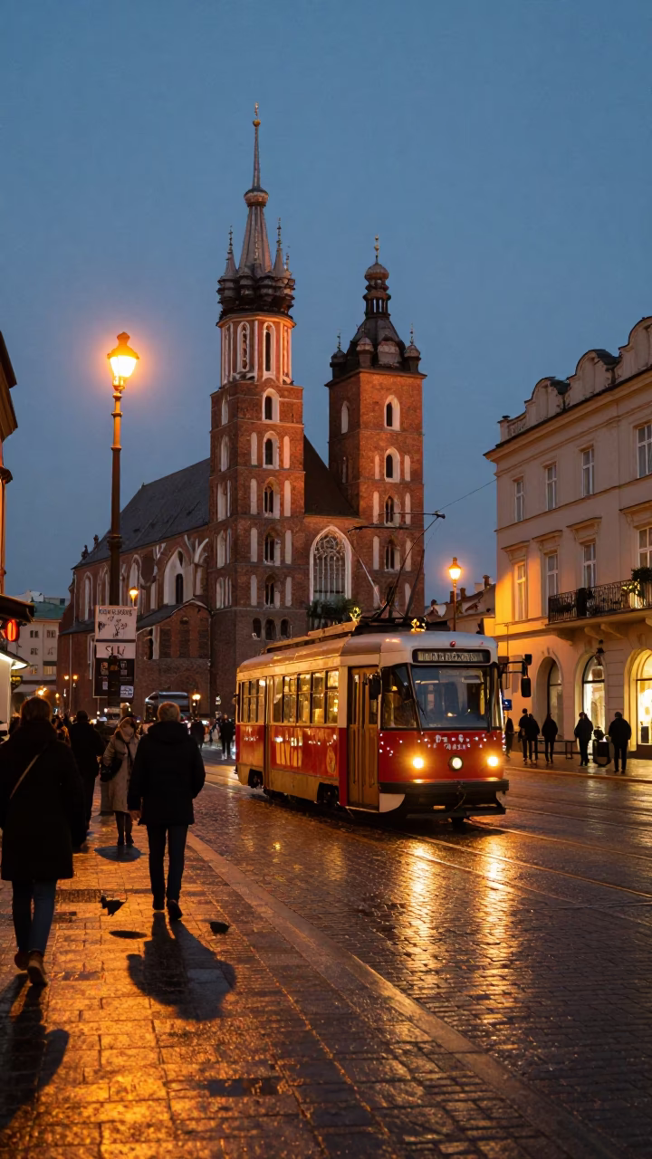 Twilight Street Scene in Krakow Poland with Vintage Tram and Pedestrians in in Krakow, Poland