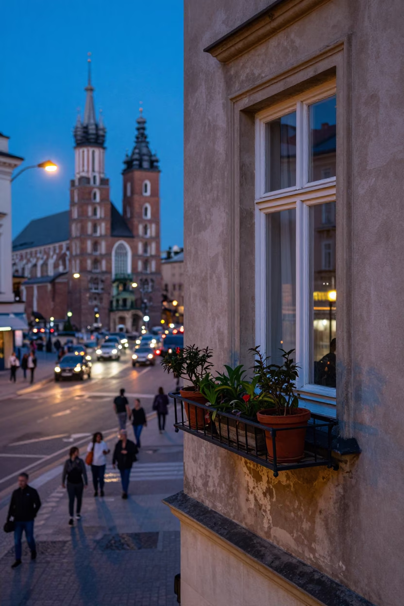 Twilight Street Scene in Krakow Poland with Window Box and Urban Details in in Krakow, Poland