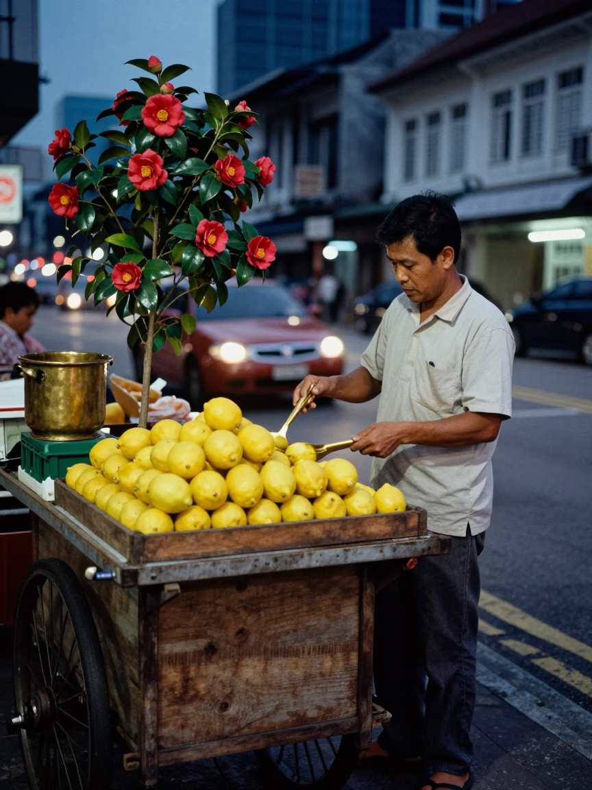 Twilight Street Scene in Kuala Lumpur Malaysia with Camellia and Brass Details in in Kuala Lumpur, Malaysia