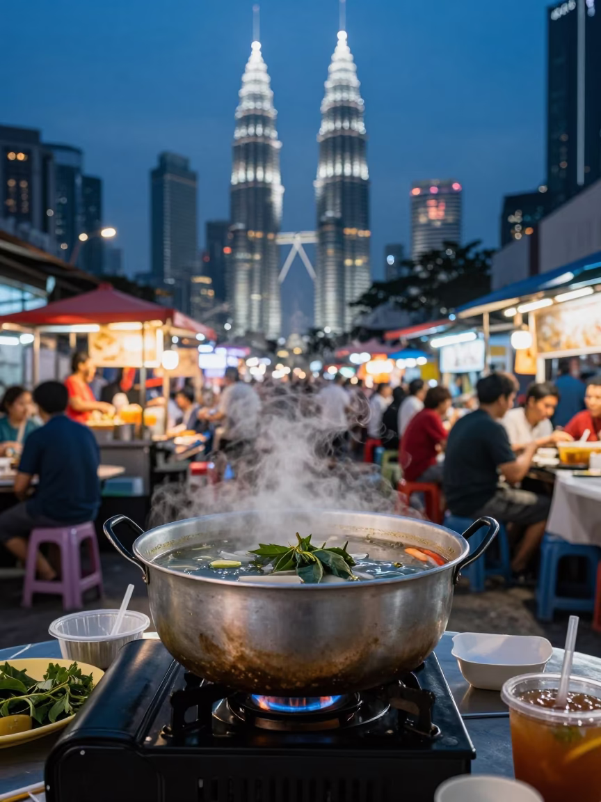 Twilight Street Scene in Kuala Lumpur Malaysia with Street Food Stall and Urban Life in in Kuala Lumpur, Malaysia