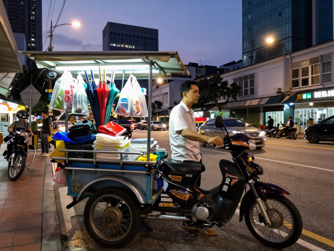 Twilight Street Scene in Kuala Lumpur Malaysia with Traditional Vendor and Modern Architecture in in Kuala Lumpur, Malaysia