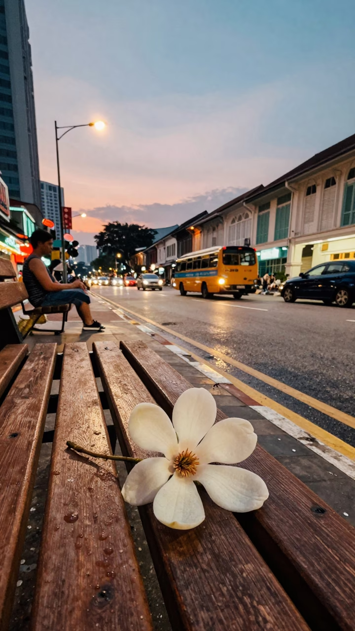 Twilight Street Scene in Kuala Lumpur Malaysia with Vintage 1950s Aesthetic and Colorful Details in in Kuala Lumpur, Malaysia