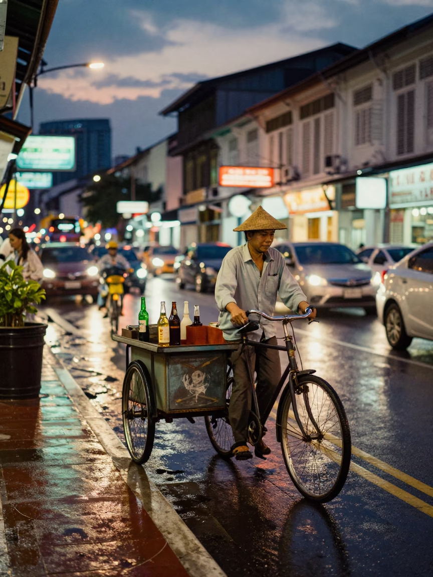 Twilight Street Scene in Kuala Lumpur Malaysia with Vintage Bicycle and Bottle in in Kuala Lumpur, Malaysia