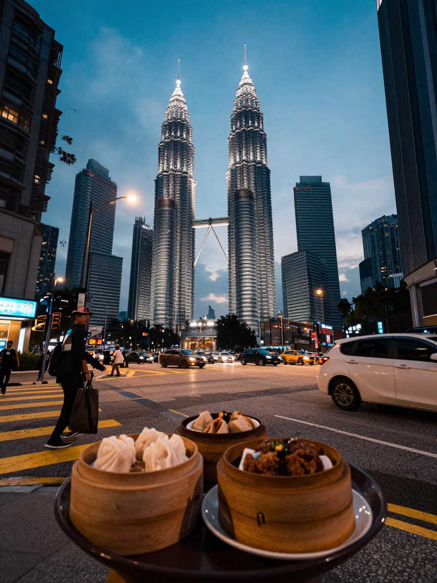 Twilight Street Scene in Kuala Lumpur with Dim Sum Tray and Blueberries in in Kuala Lumpur, Malaysia