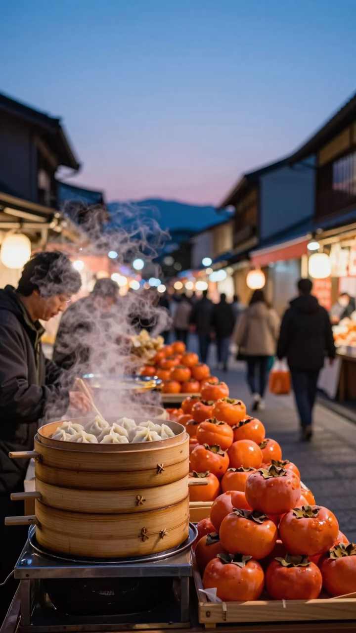 Twilight Street Scene in Kyoto Japan with Bamboo Steamer and Persimmons in in Kyoto, Japan