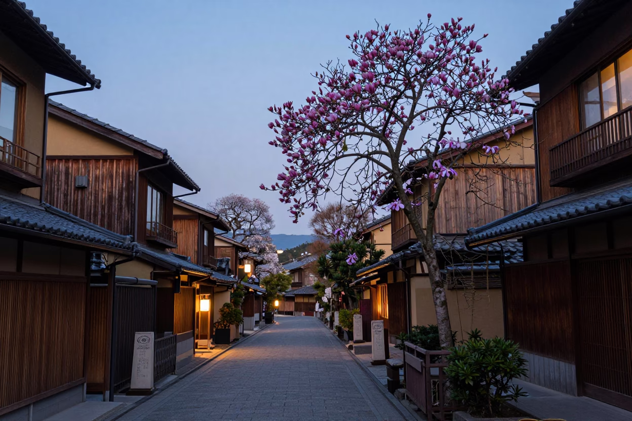 Twilight street scene in Kyoto Japan with blooming magnolia and iris blossoms in in Kyoto, Japan