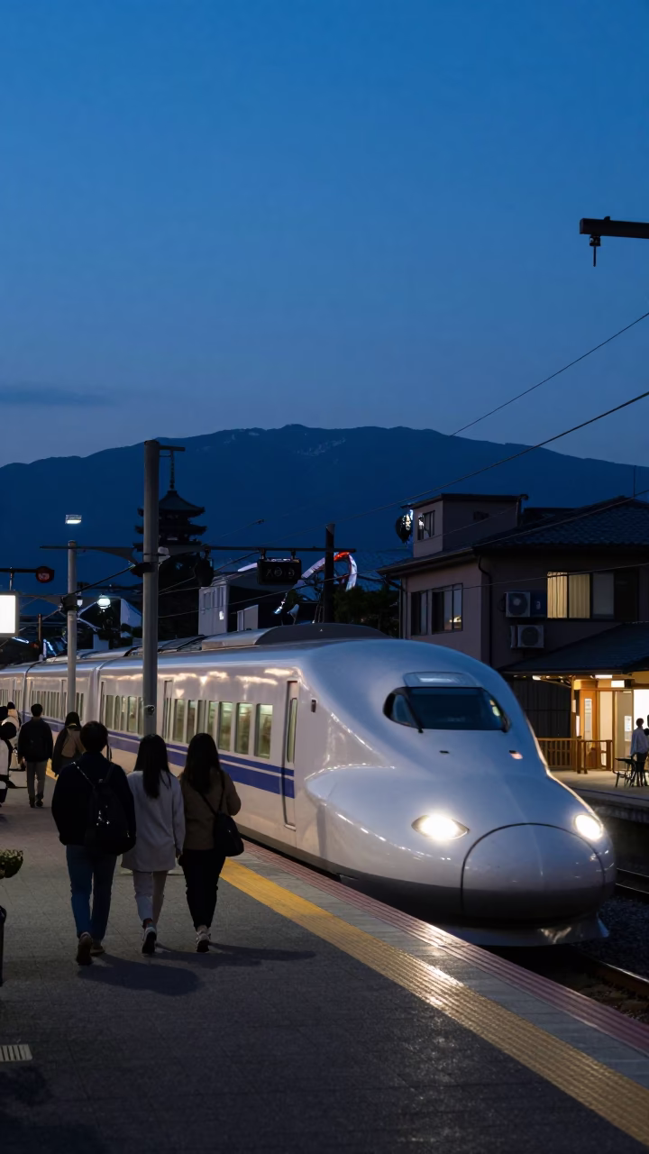 Twilight Street Scene in Kyoto Japan with Blurring Bullet Train and Urban Life in in Kyoto, Japan