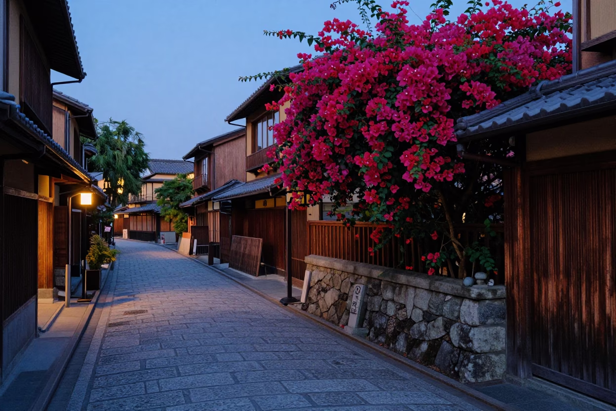 Twilight Street Scene in Kyoto Japan with Bougainvillea and Traditional Architecture in in Kyoto, Japan