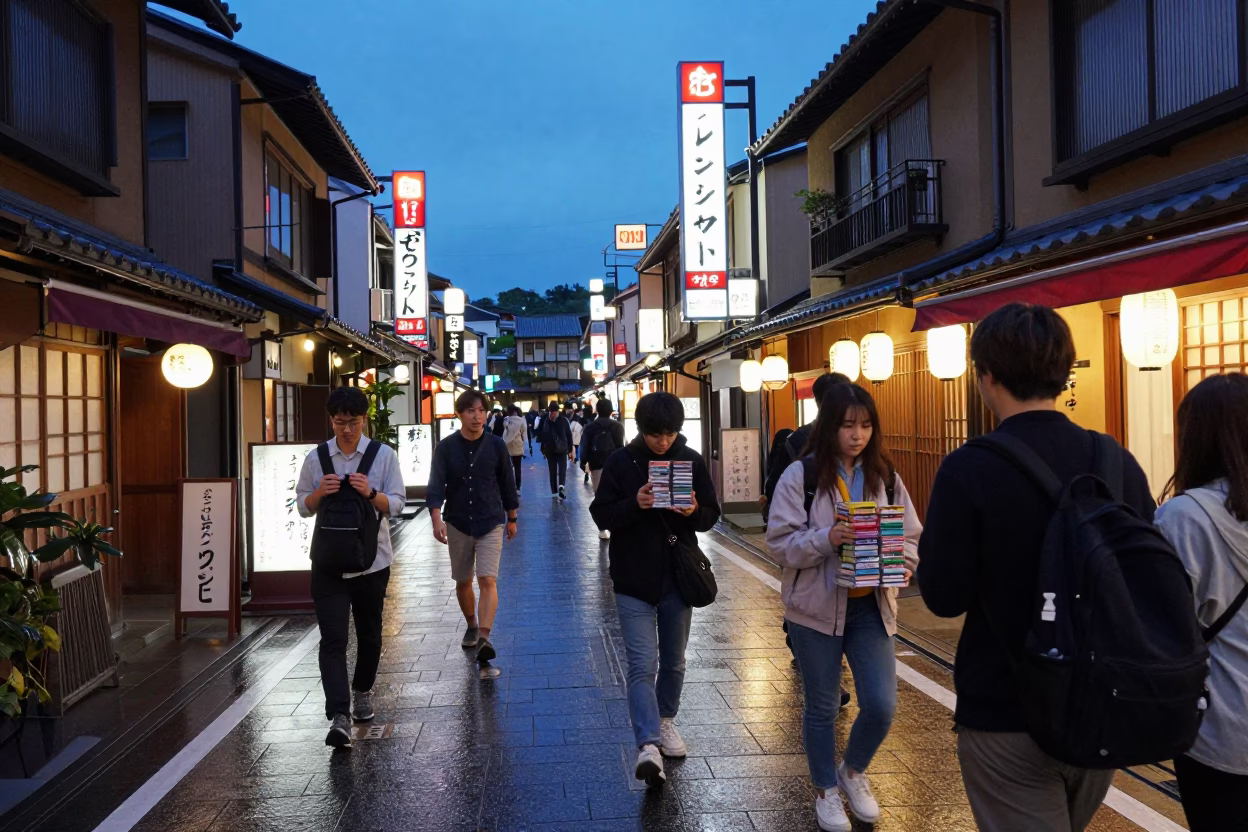 Twilight Street Scene in Kyoto Japan with Cassette Tapes and Local Life in in Kyoto, Japan