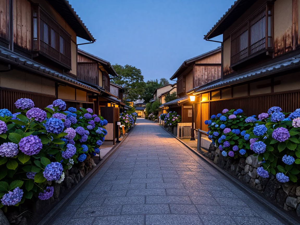 Twilight Street Scene in Kyoto Japan with Hydrangeas and Traditional Architecture in in Kyoto, Japan