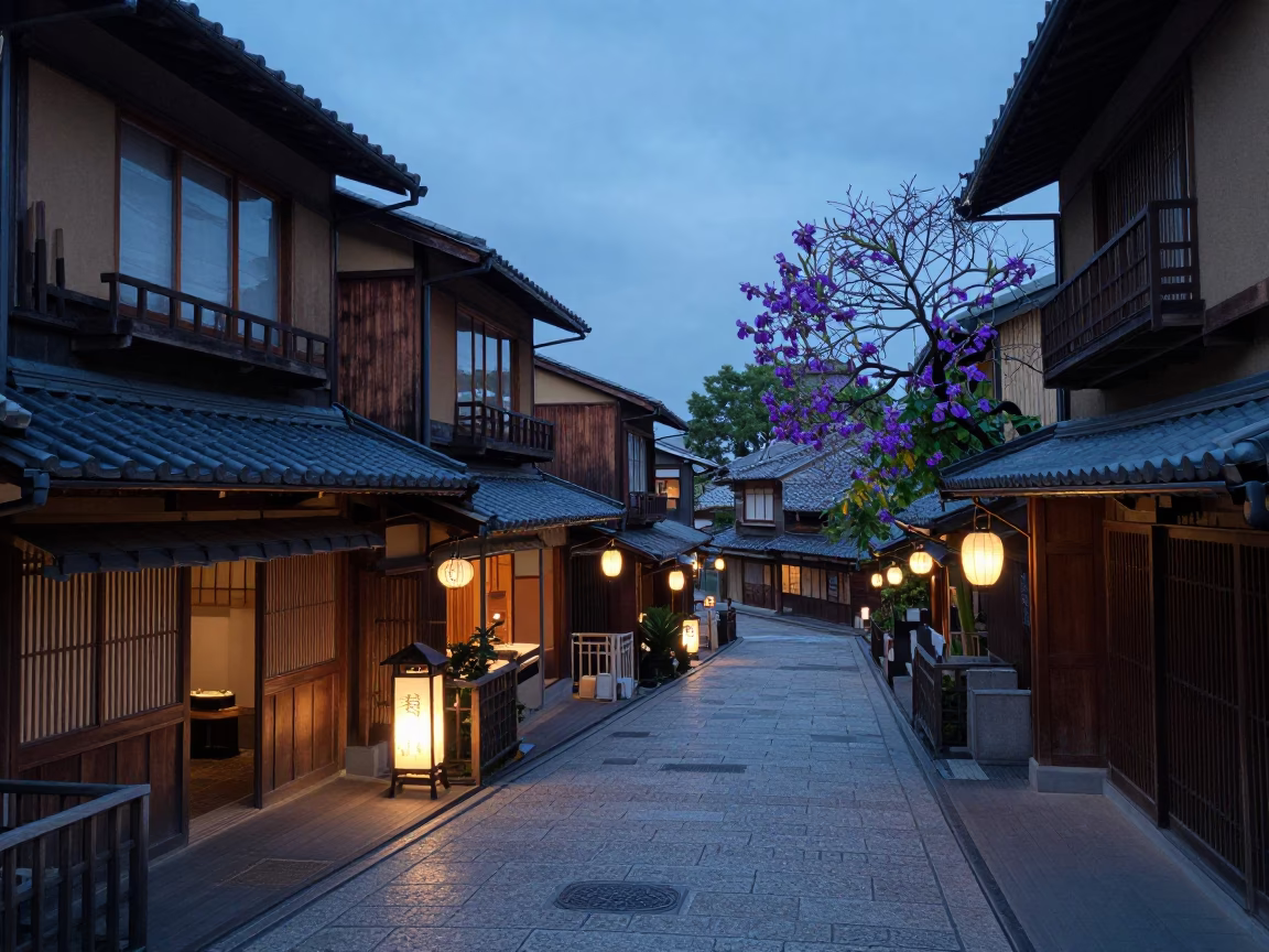 Twilight Street Scene in Kyoto Japan with Iris Blossoms and Traditional Architecture in in Kyoto, Japan