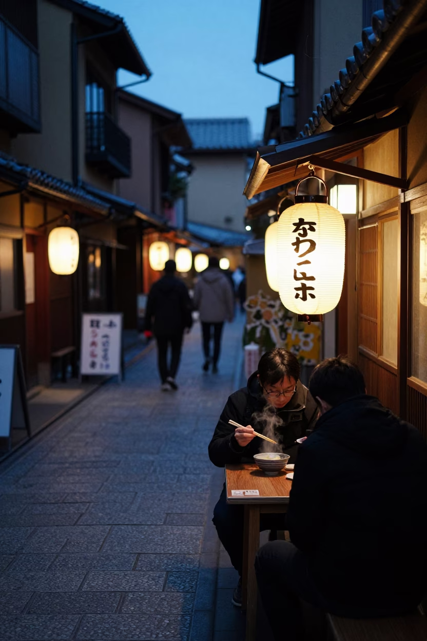 Twilight Street Scene in Kyoto Japan with Lanterns and Diners in in Kyoto, Japan