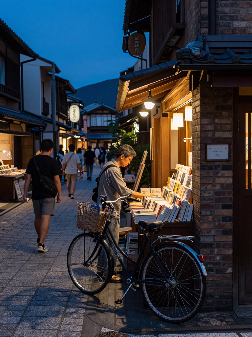 Twilight street scene in Kyoto Japan with paperbacks and bicycle near bakery in in Kyoto, Japan