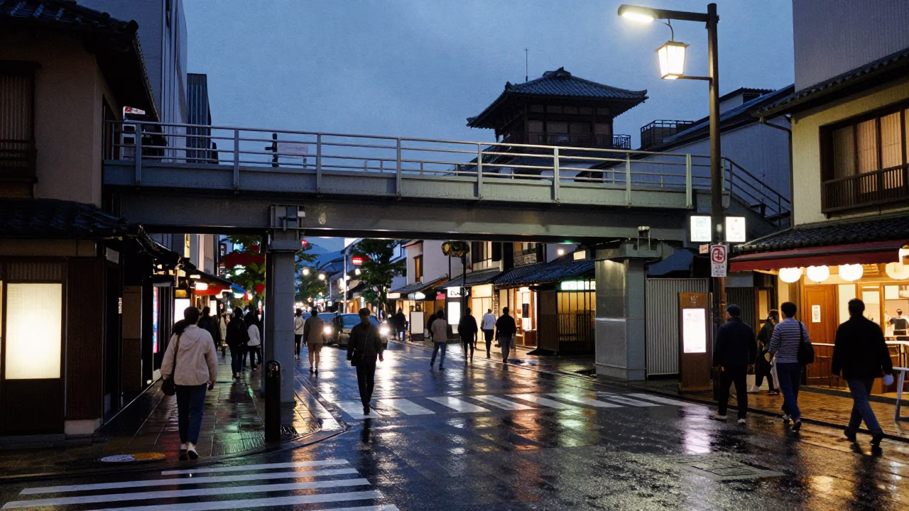 Twilight Street Scene in Kyoto Japan with Pedestrian Overpass and Wet Footsteps in in Kyoto, Japan