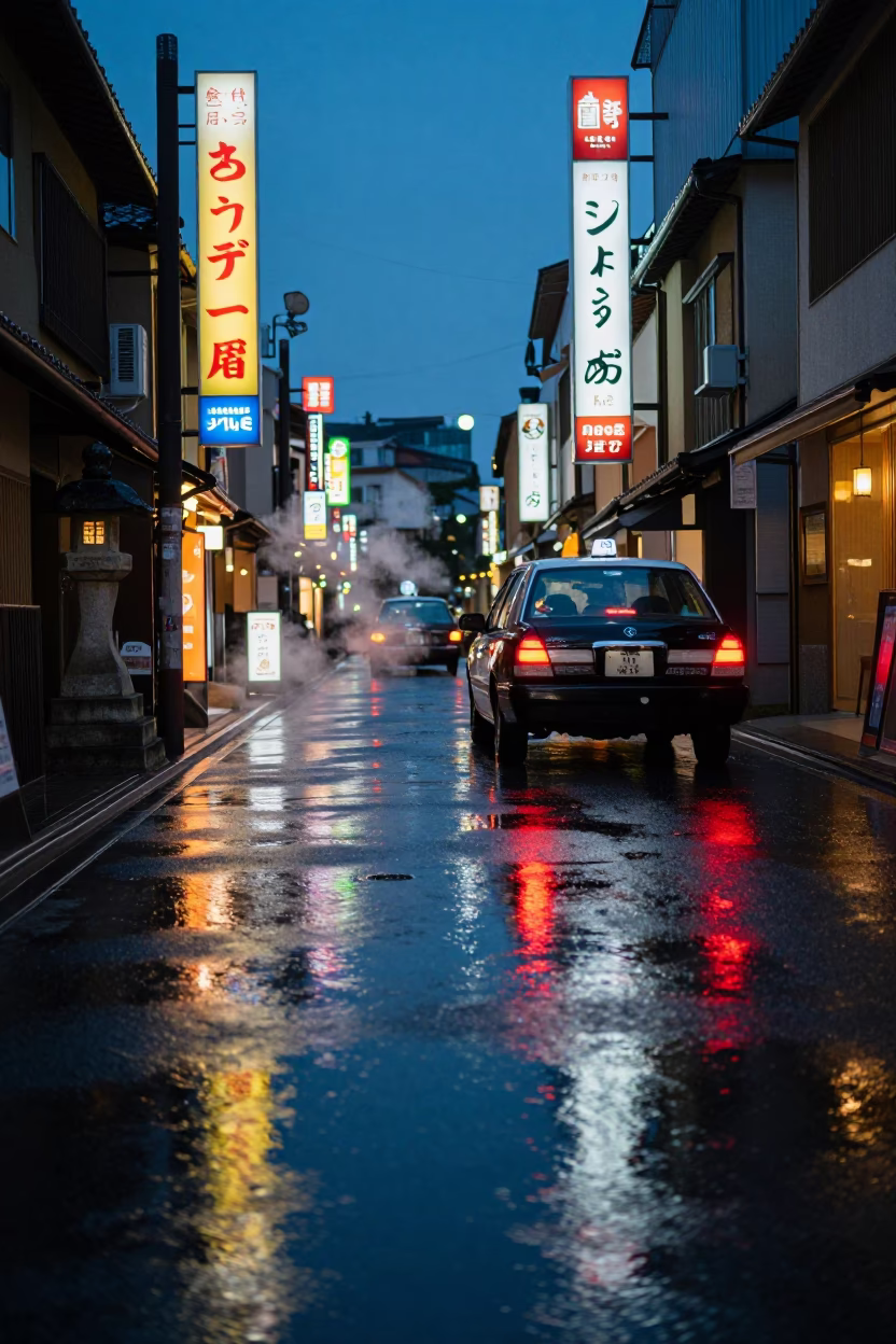 Twilight Street Scene in Kyoto Japan with Puddle Reflections and Neon Lights in in Kyoto, Japan