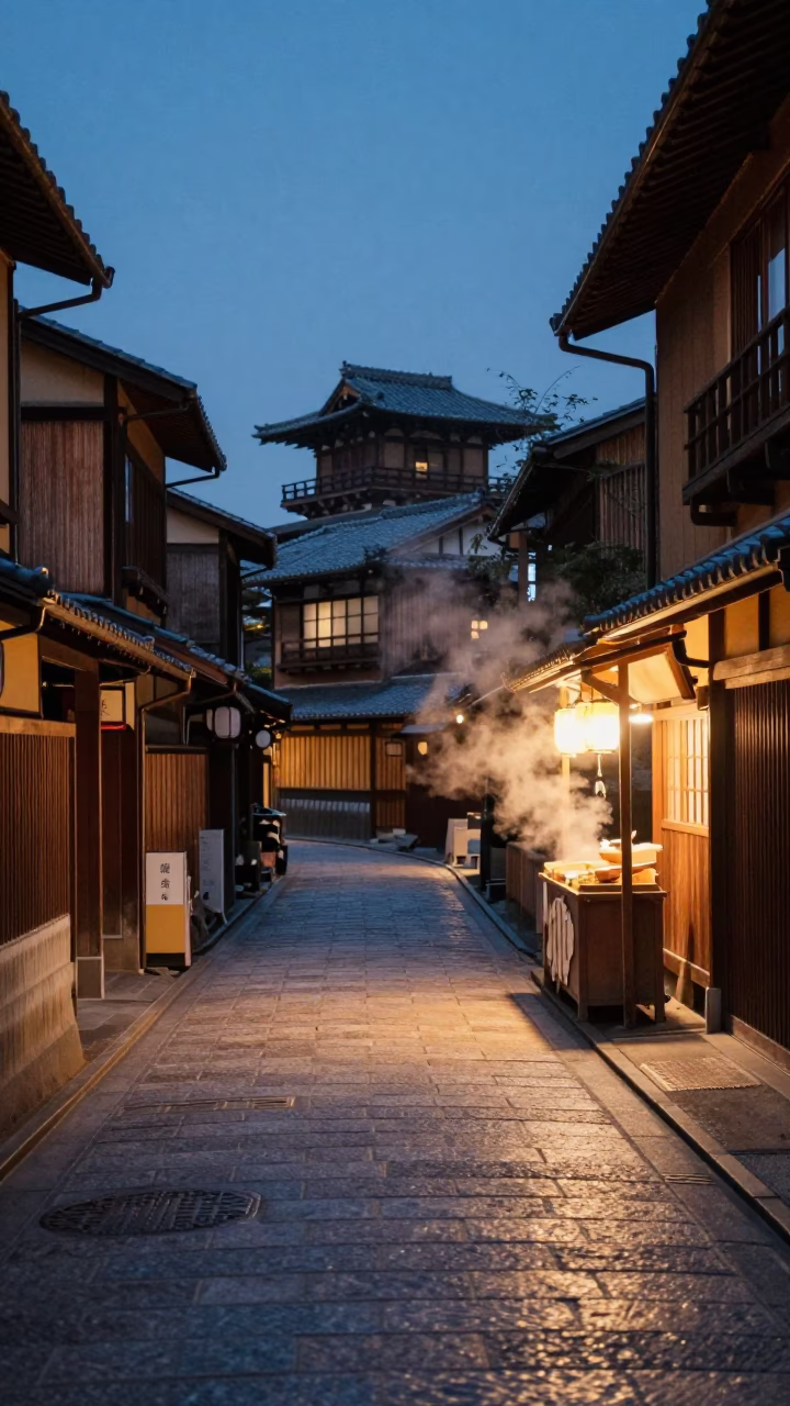 Twilight street scene in Kyoto Japan with traditional architecture and evening activity in in Kyoto, Japan