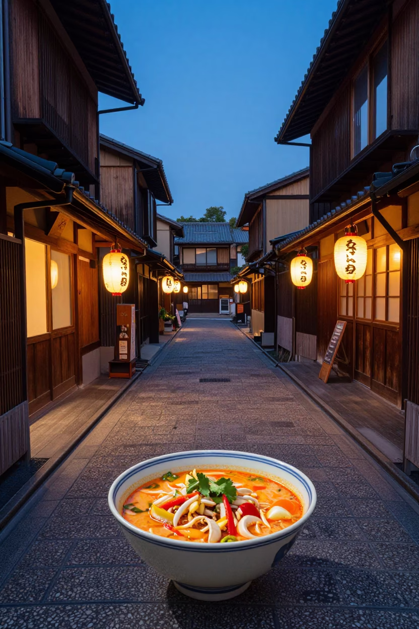 Twilight Street Scene in Kyoto Japan with Traditional Lanterns and Diners in in Kyoto, Japan