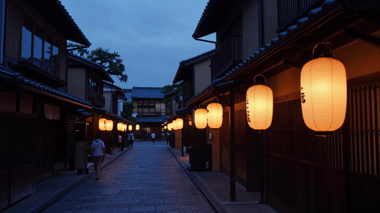 Twilight Street Scene in Kyoto Japan with Traditional Lanterns and Modern Urban Life in in Kyoto, Japan