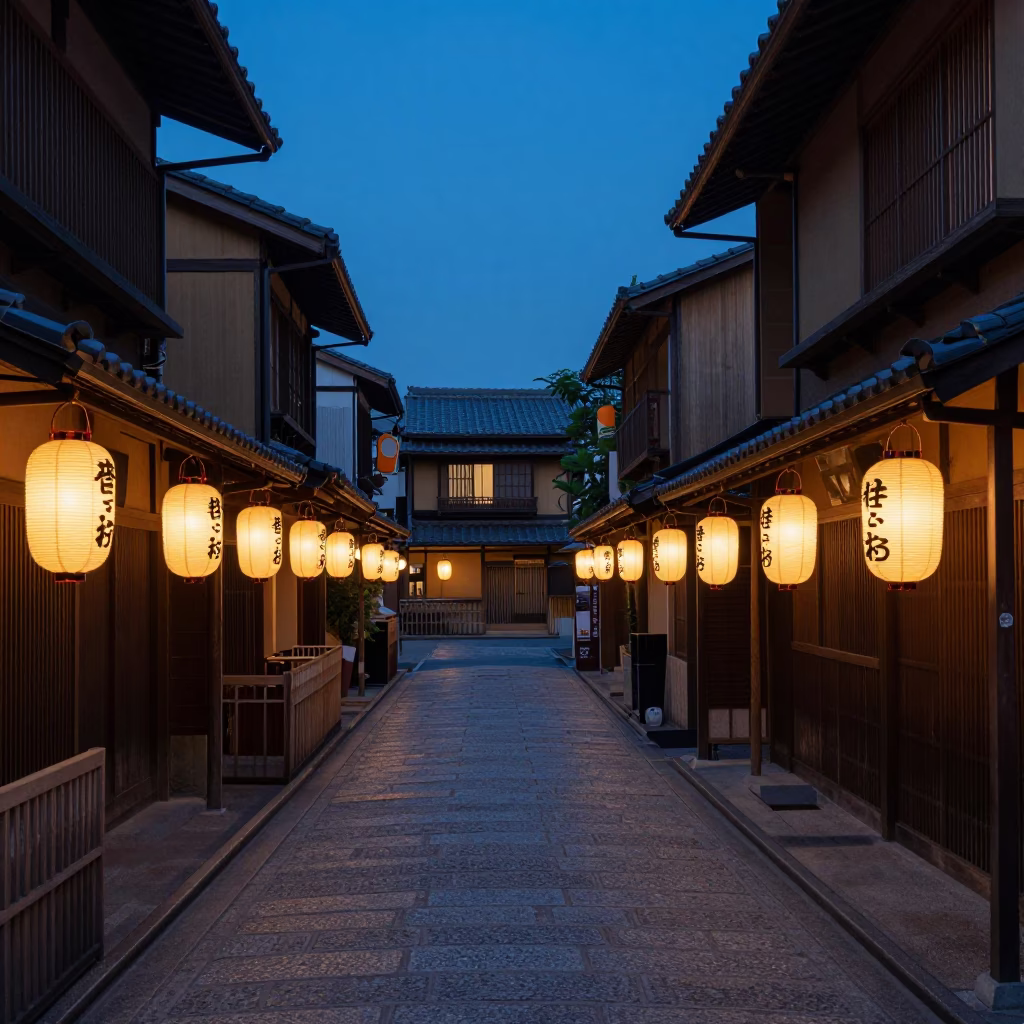 Twilight Street Scene in Kyoto Japan with Traditional Lanterns and Urban Architecture in in Kyoto, Japan