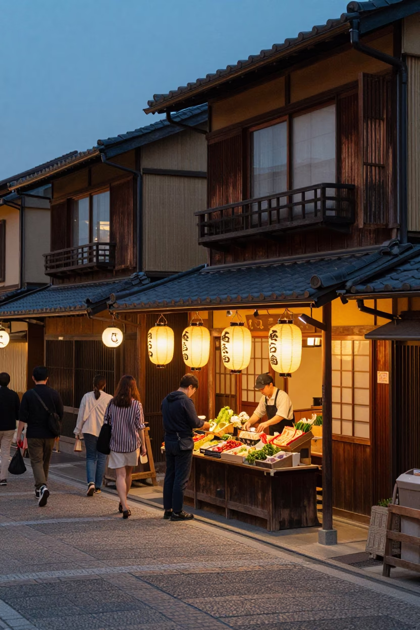 Twilight Street Scene in Kyoto Japan with Traditional Lanterns and Urban Life in in Kyoto, Japan