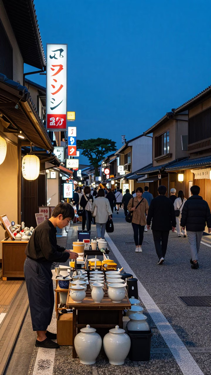 Twilight Street Scene in Kyoto Japan with Traditional Porcelain and Busy Urban Activity in in Kyoto, Japan