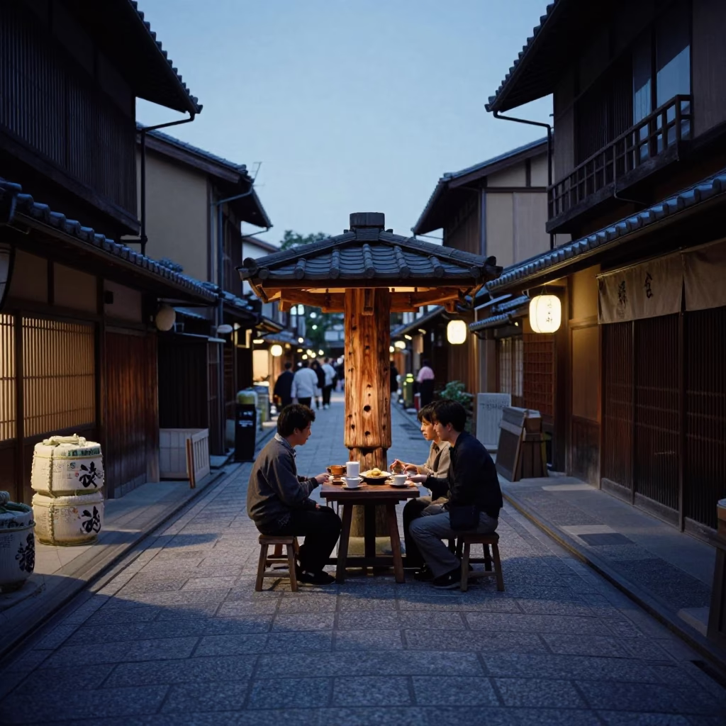 Twilight Street Scene in Kyoto Japan with Traditional Sake Barrel and Lanterns in in Kyoto, Japan