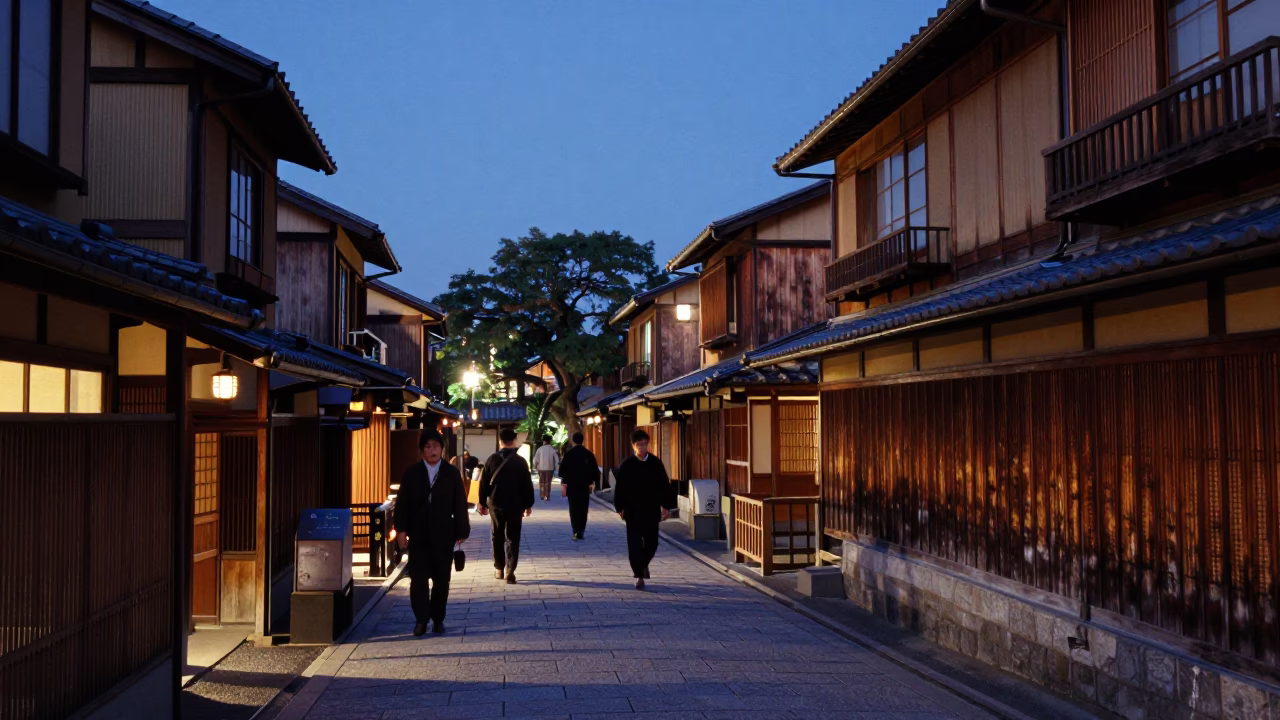 Twilight street scene in Kyoto Japan with traditional wooden architecture and pedestrians in in Kyoto, Japan