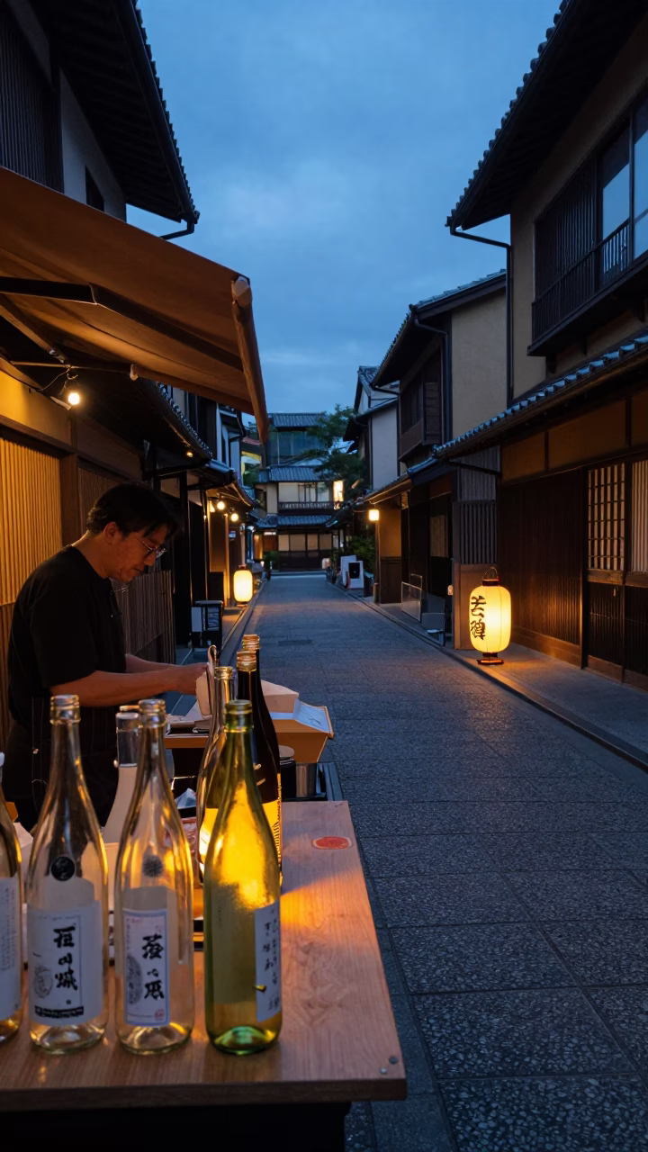 Twilight street scene in Kyoto Japan with vendor and glass bottles in in Kyoto, Japan
