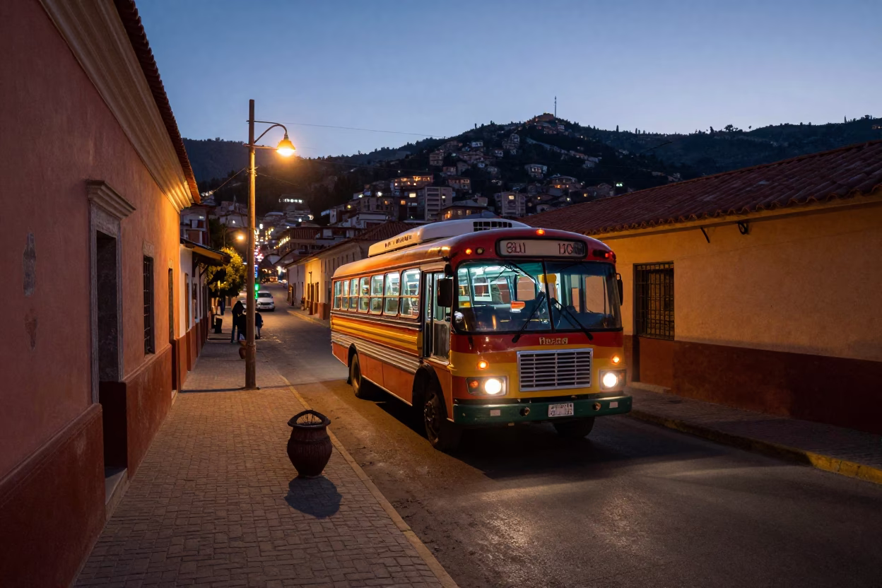 Twilight Street Scene in La Paz Bolivia with Classic Bus and Incense on Altar in in La Paz, Bolivia