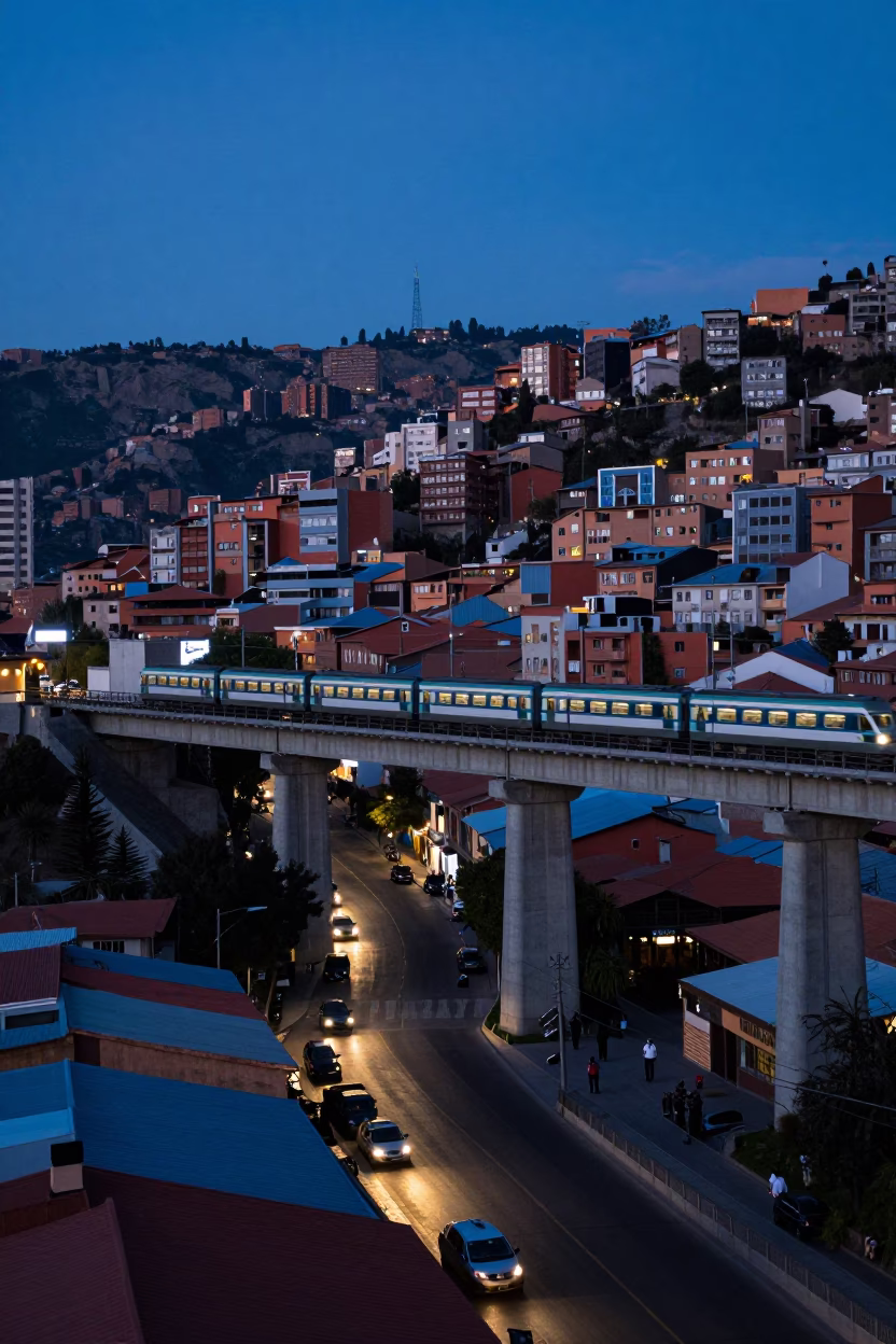 Twilight Street Scene in La Paz Bolivia with Commuter Train Crossing Bridge in in La Paz, Bolivia