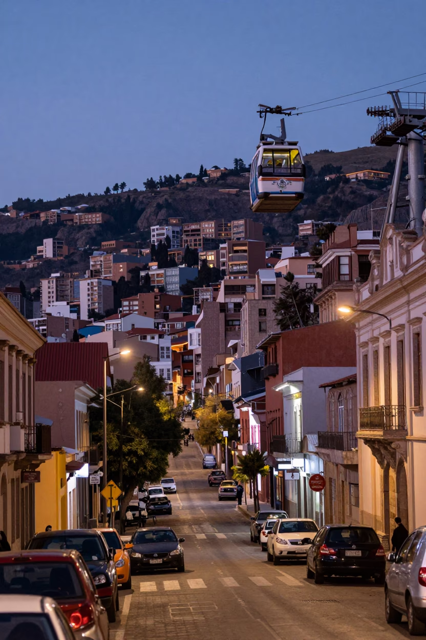 Twilight Street Scene in La Paz Bolivia with Funicular and Urban Architecture in in La Paz, Bolivia