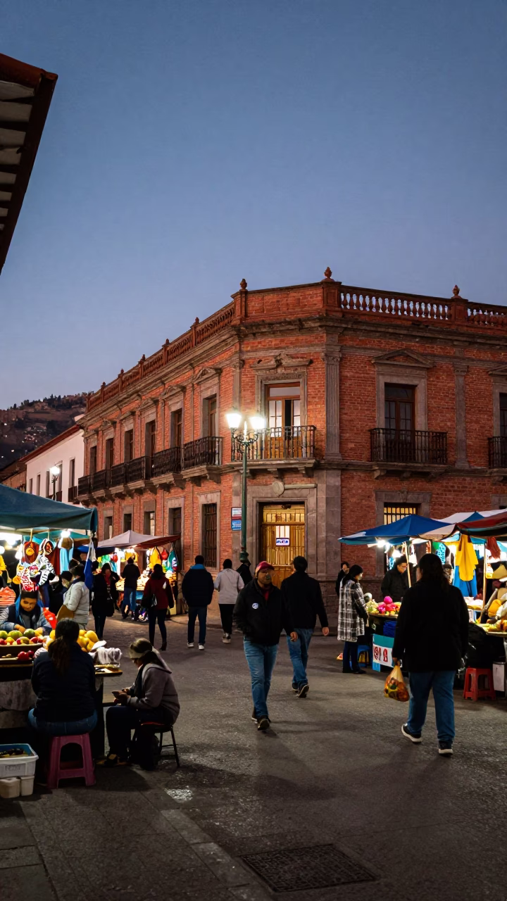 Twilight Street Scene in La Paz Bolivia with Local Market Details in in La Paz, Bolivia