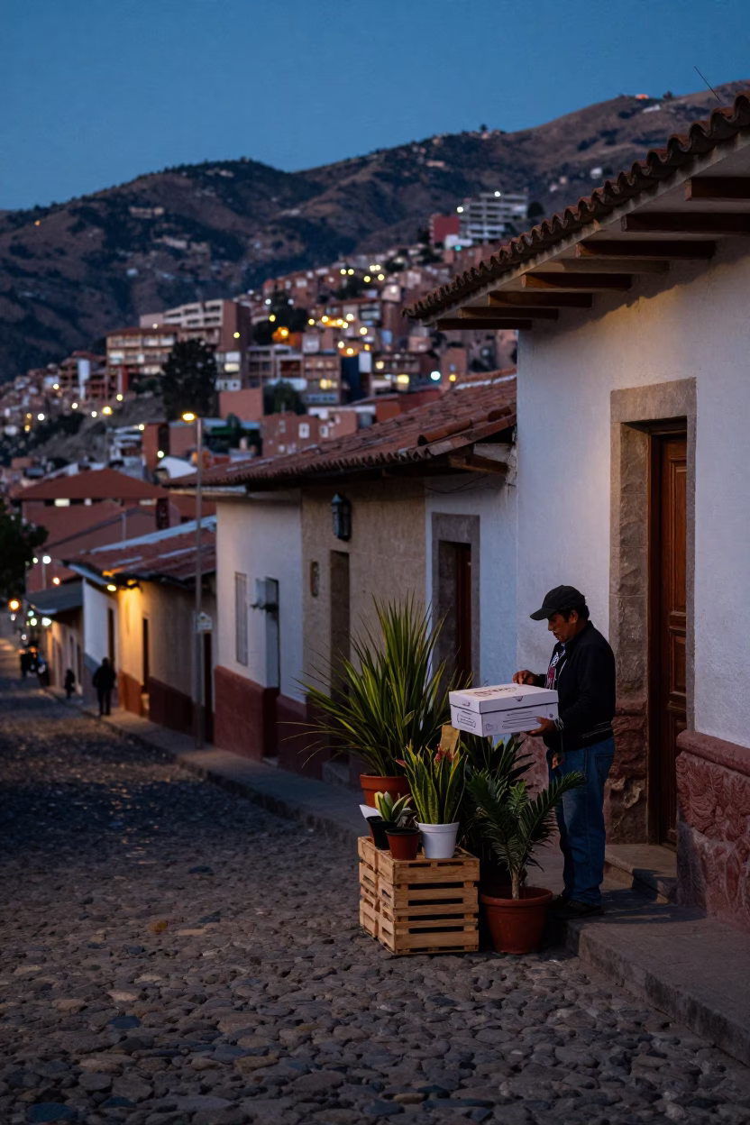 Twilight Street Scene in La Paz Bolivia with Shoebox and Houseplants in in La Paz, Bolivia