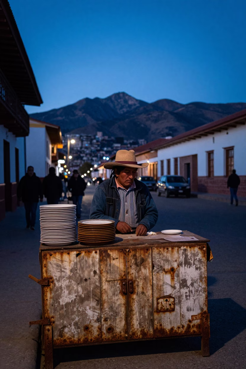 Twilight Street Scene in La Paz Bolivia with Stacked Plates and Rusty Countertop in in La Paz, Bolivia