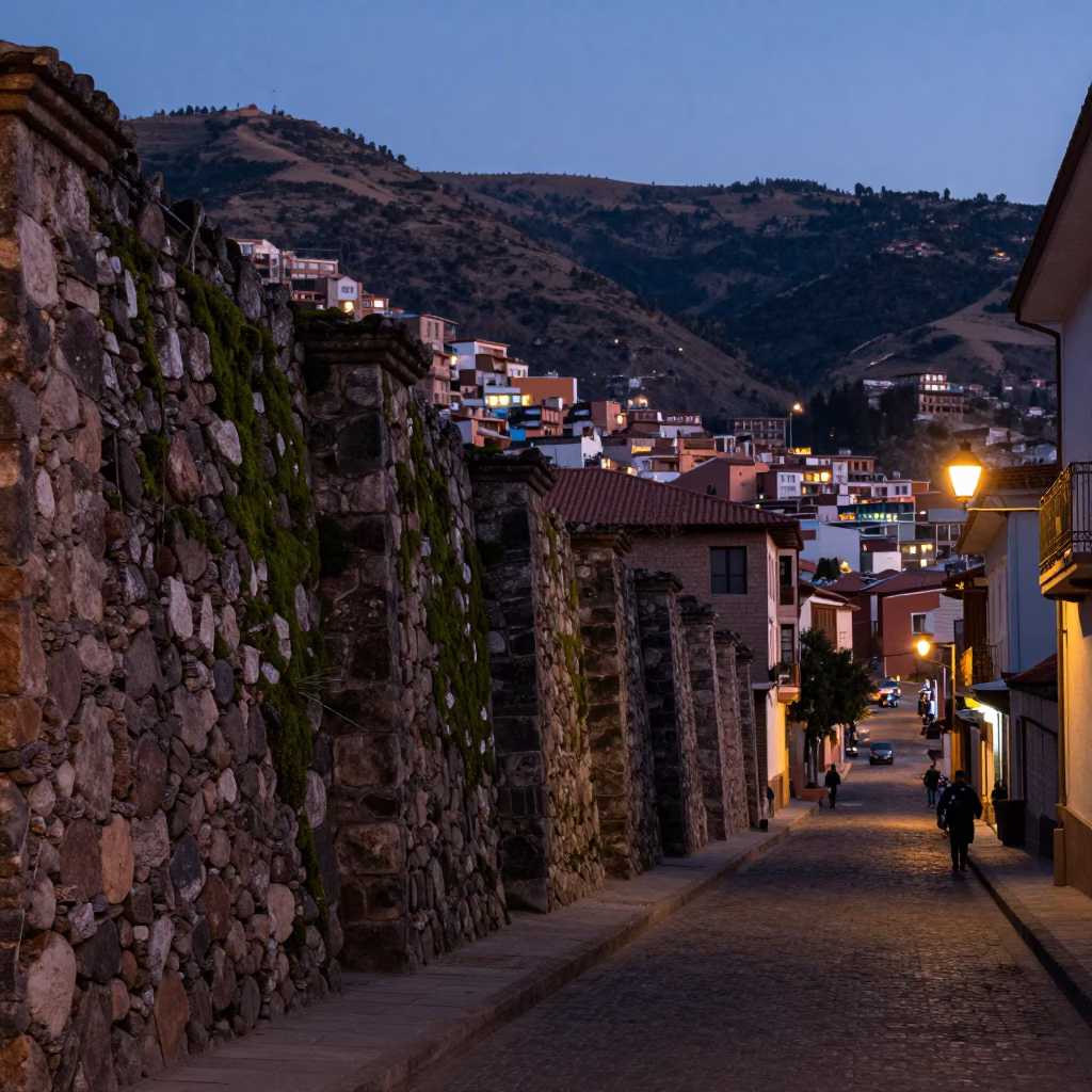 Twilight Street Scene in La Paz Bolivia with Stone Walls and Urban Life in in La Paz, Bolivia