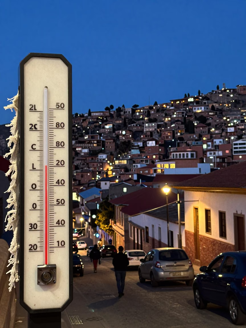 Twilight Street Scene in La Paz Bolivia with Thermometer and Linen Fringe in in La Paz, Bolivia