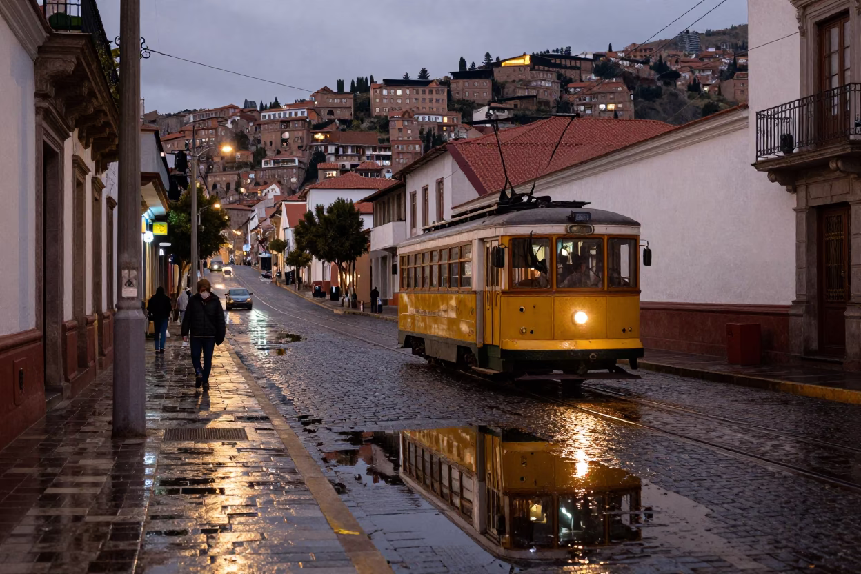 Twilight Street Scene in La Paz Bolivia with Tramcar Reflection and Local Life in in La Paz, Bolivia