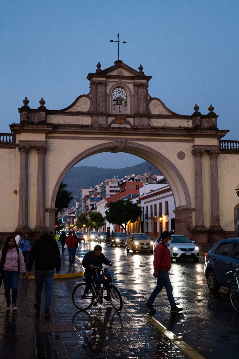 Twilight Street Scene in La Paz Bolivia with University Archway and Wet Bicycle Rack in in La Paz, Bolivia