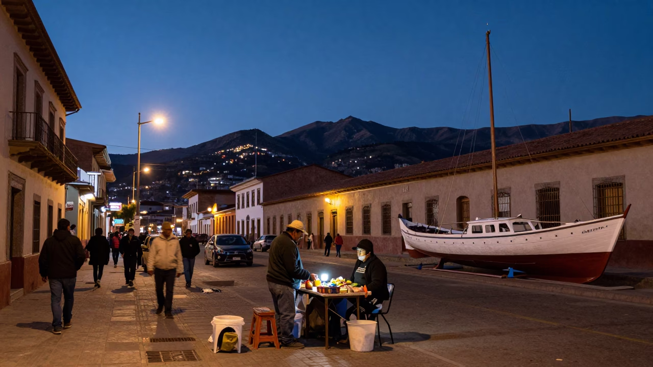 Twilight Street Scene in La Paz Bolivia with Vendor and Model Ship in in La Paz, Bolivia